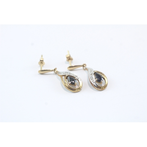 61 - 9ct gold sapphire & diamond twist drop earrings (1.6g)