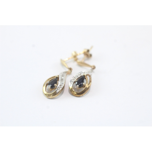 61 - 9ct gold sapphire & diamond twist drop earrings (1.6g)