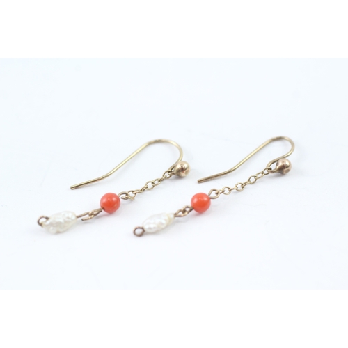 66 - 9ct gold antique rice pearl and coral drop earrings (0.8g)