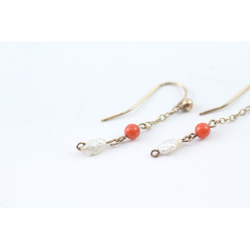 66 - 9ct gold antique rice pearl and coral drop earrings (0.8g)