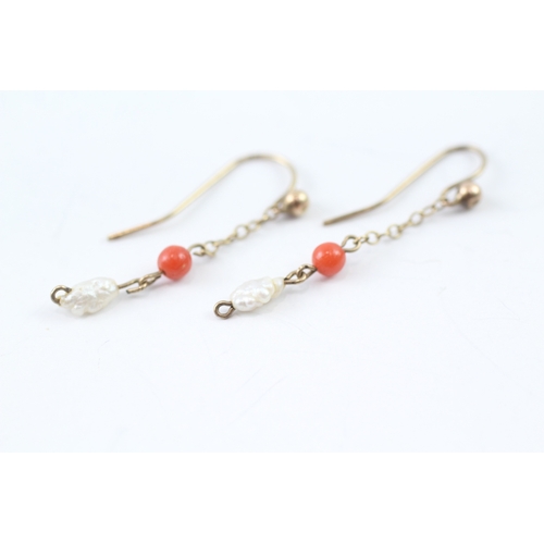 66 - 9ct gold antique rice pearl and coral drop earrings (0.8g)