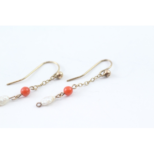 66 - 9ct gold antique rice pearl and coral drop earrings (0.8g)