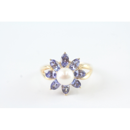 74 - 9ct gold cultured pearl and tanzanite set floral cluster ring (4.1g) Size R