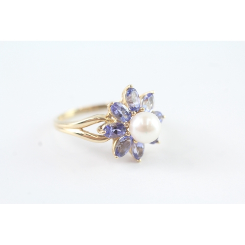 74 - 9ct gold cultured pearl and tanzanite set floral cluster ring (4.1g) Size R