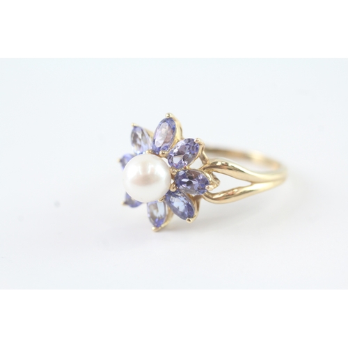 74 - 9ct gold cultured pearl and tanzanite set floral cluster ring (4.1g) Size R