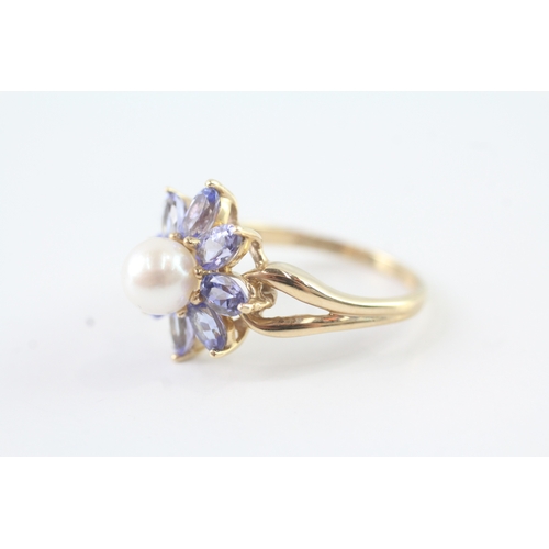 74 - 9ct gold cultured pearl and tanzanite set floral cluster ring (4.1g) Size R