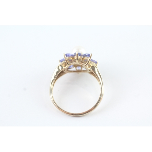 74 - 9ct gold cultured pearl and tanzanite set floral cluster ring (4.1g) Size R