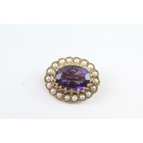 78 - 9ct gold amethyst and split pearl set brooch (4.8g)