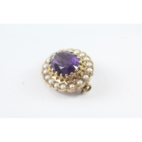 78 - 9ct gold amethyst and split pearl set brooch (4.8g)