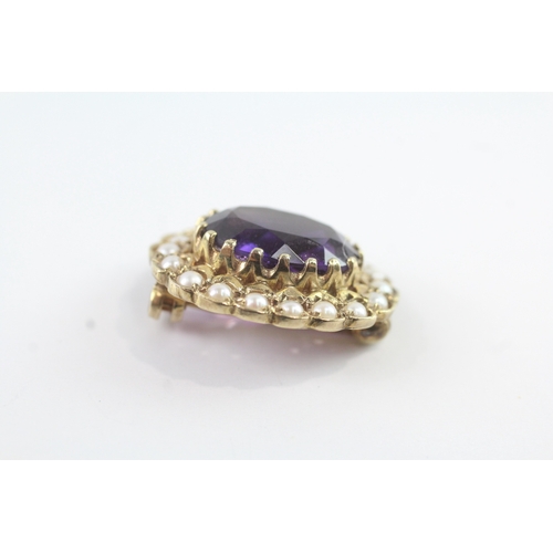 78 - 9ct gold amethyst and split pearl set brooch (4.8g)