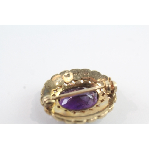 78 - 9ct gold amethyst and split pearl set brooch (4.8g)
