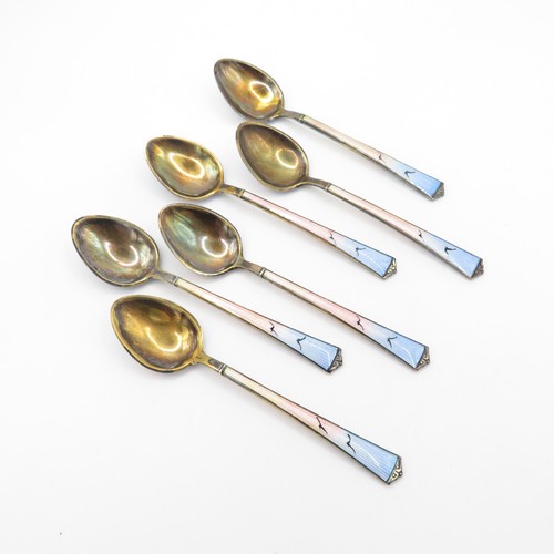 310 - 6 x Vintage Stamped .925 Sterling Silver Norway Guilloche Enamel Teaspoons (68g)