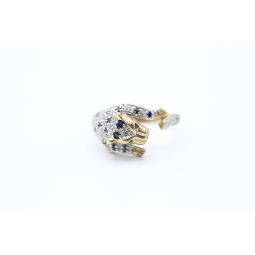 116 - 9ct gold diamond and sapphire jaguar ring (2.9g) Size N