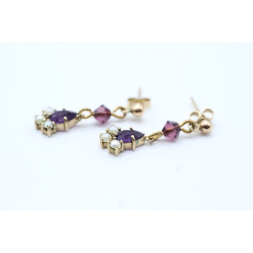 138 - 9ct gold amethyst and pearl drop earrings (1.4g)