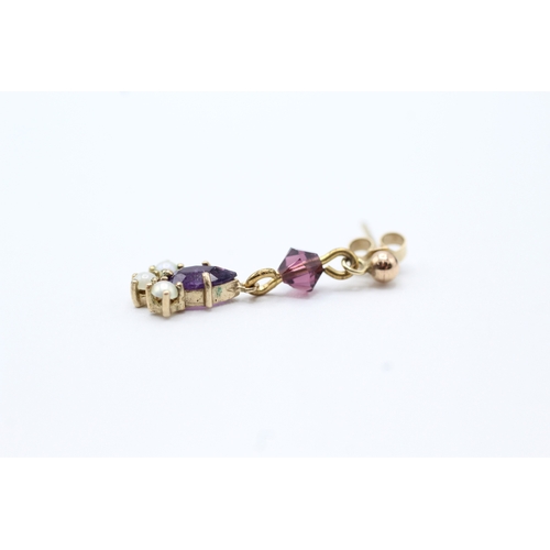 138 - 9ct gold amethyst and pearl drop earrings (1.4g)