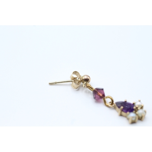 138 - 9ct gold amethyst and pearl drop earrings (1.4g)