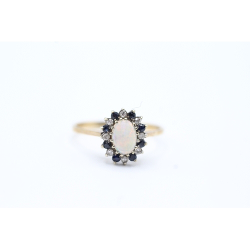 145 - 9ct gold diamond, sapphire and opal set cluster ring (2g) Size Q