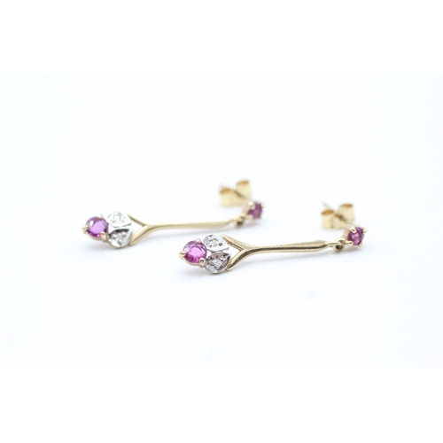 154 - 9ct gold diamond and ruby drop earrings (1.3g)