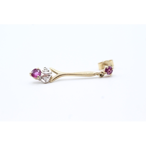 154 - 9ct gold diamond and ruby drop earrings (1.3g)