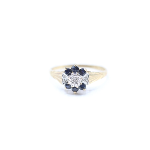 163 - 9ct gold diamond & sapphire cluster dress ring (1.7g) Size N