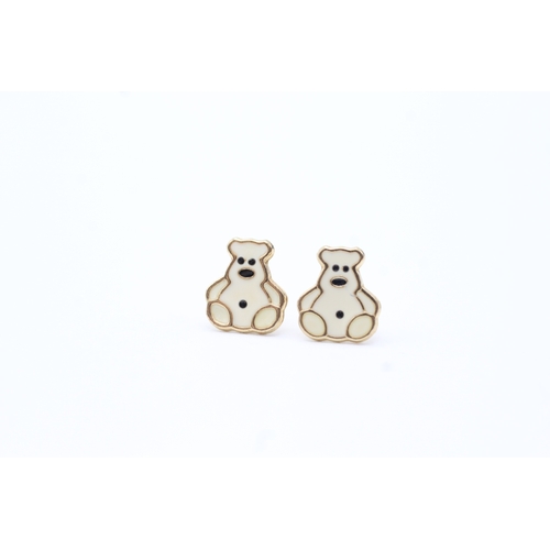 164 - 3 x 9ct gold enamel penguin, teddy and bee earrings (0.9g)