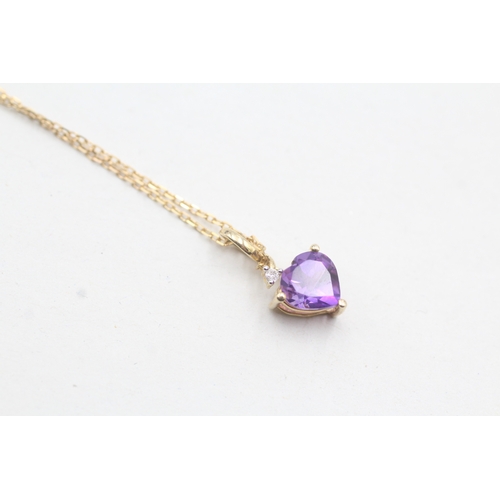 25 - 9ct gold amethyst and diamond heart pendant on chain (1.9g)