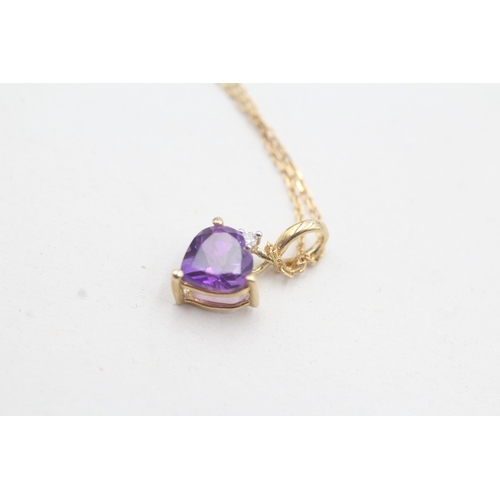 25 - 9ct gold amethyst and diamond heart pendant on chain (1.9g)