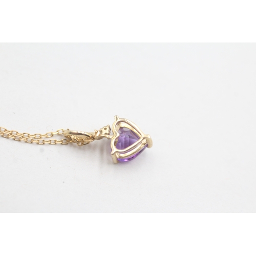 25 - 9ct gold amethyst and diamond heart pendant on chain (1.9g)