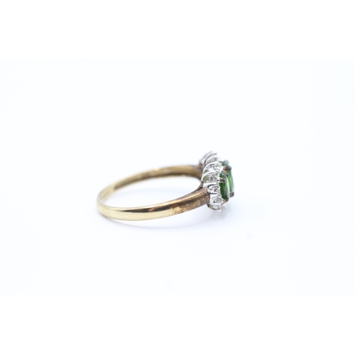 37 - 9ct gold diamond and green gemstone set trilogy cluster ring (2g) Size N