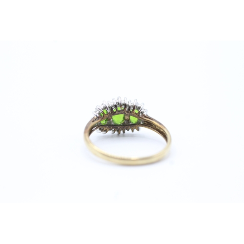 37 - 9ct gold diamond and green gemstone set trilogy cluster ring (2g) Size N