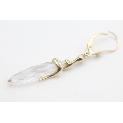 39 - 9ct gold quartz Uri Geller snake drop earrings (3.5g)