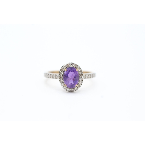 43 - 9ct gold diamond and amethyst set cluster ring (2.2g) Size O