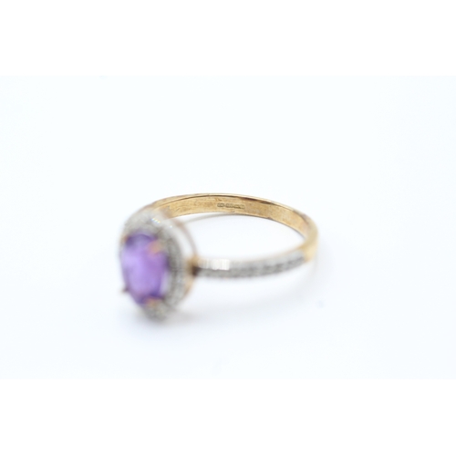 43 - 9ct gold diamond and amethyst set cluster ring (2.2g) Size O