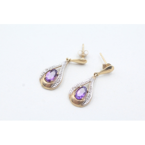 5 - 9ct gold diamond and amethyst drop earrings (2.2g)