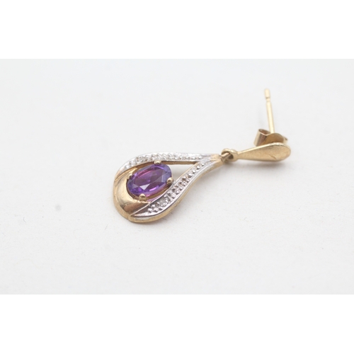 5 - 9ct gold diamond and amethyst drop earrings (2.2g)