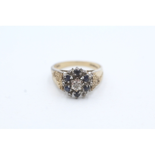 57 - 9ct gold diamond and sapphire mid century cluster ring (3.7g) Size N