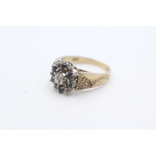 57 - 9ct gold diamond and sapphire mid century cluster ring (3.7g) Size N