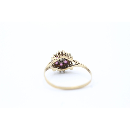 59 - 9ct gold vintage diamond and ruby set cluster ring (1.7g) as seen - misshapen Size Q