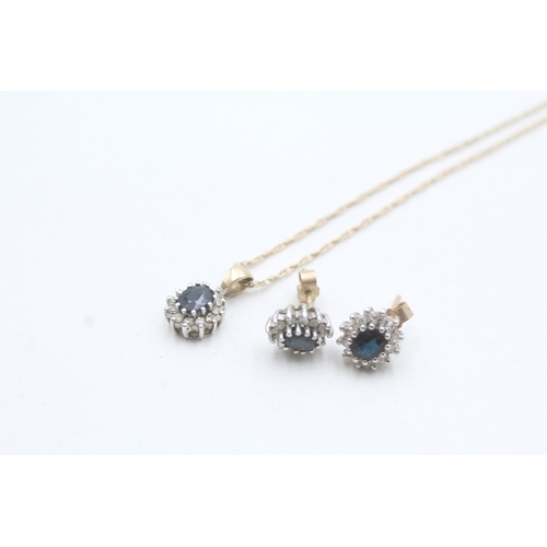 62 - 9ct gold x2 sapphire & diamond cluster pendant necklace & stud earrings set (3.9g)