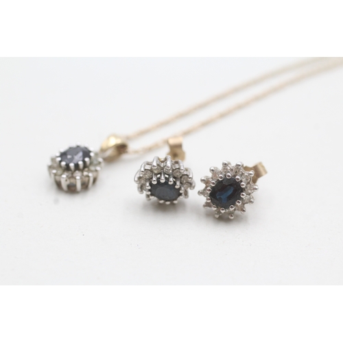 62 - 9ct gold x2 sapphire & diamond cluster pendant necklace & stud earrings set (3.9g)