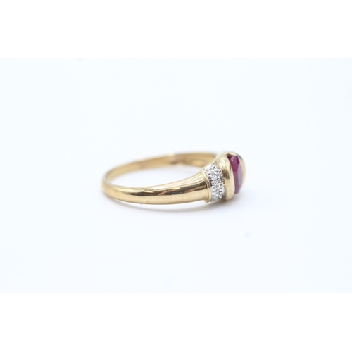 74 - 9ct gold diamond and ruby pave shoulder ring (2.3g) Size N