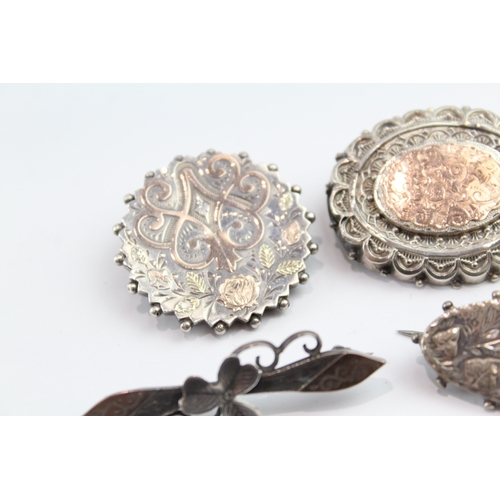 342 - Collection of Silver Victorian Aesthetic Brooches inc. Gold Accents x 6 24g