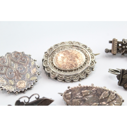 342 - Collection of Silver Victorian Aesthetic Brooches inc. Gold Accents x 6 24g