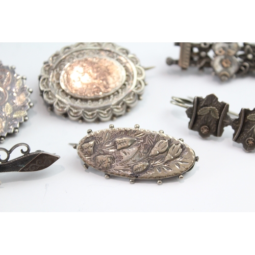 342 - Collection of Silver Victorian Aesthetic Brooches inc. Gold Accents x 6 24g