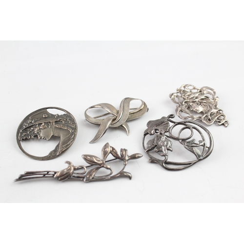 344 - Collection of Sterling Silver Brooches inc. Mid Century, Nouveau Style x 5 50g