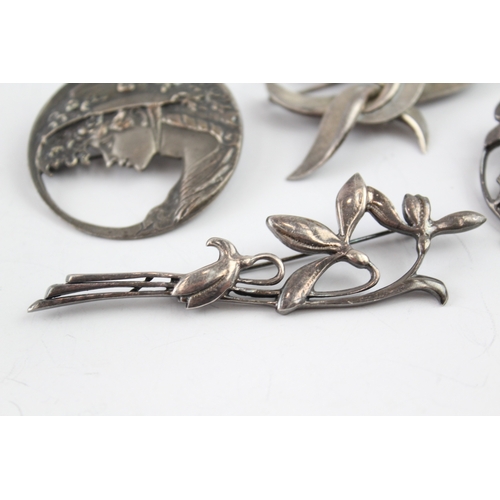 344 - Collection of Sterling Silver Brooches inc. Mid Century, Nouveau Style x 5 50g