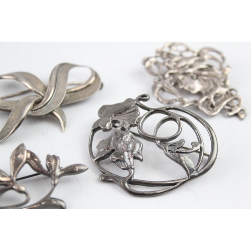 344 - Collection of Sterling Silver Brooches inc. Mid Century, Nouveau Style x 5 50g