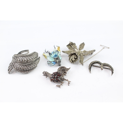 356 - Collection of Sterling Silver Marcasite Brooches inc. Enamel, Art Deco x 5 81g