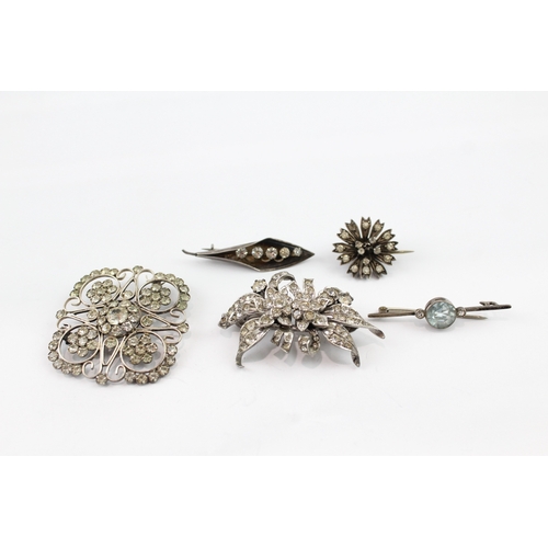 358 - Collection of Antique Paste Brooches inc. Silver, Duette, Floral x 5 43g