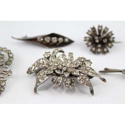 358 - Collection of Antique Paste Brooches inc. Silver, Duette, Floral x 5 43g